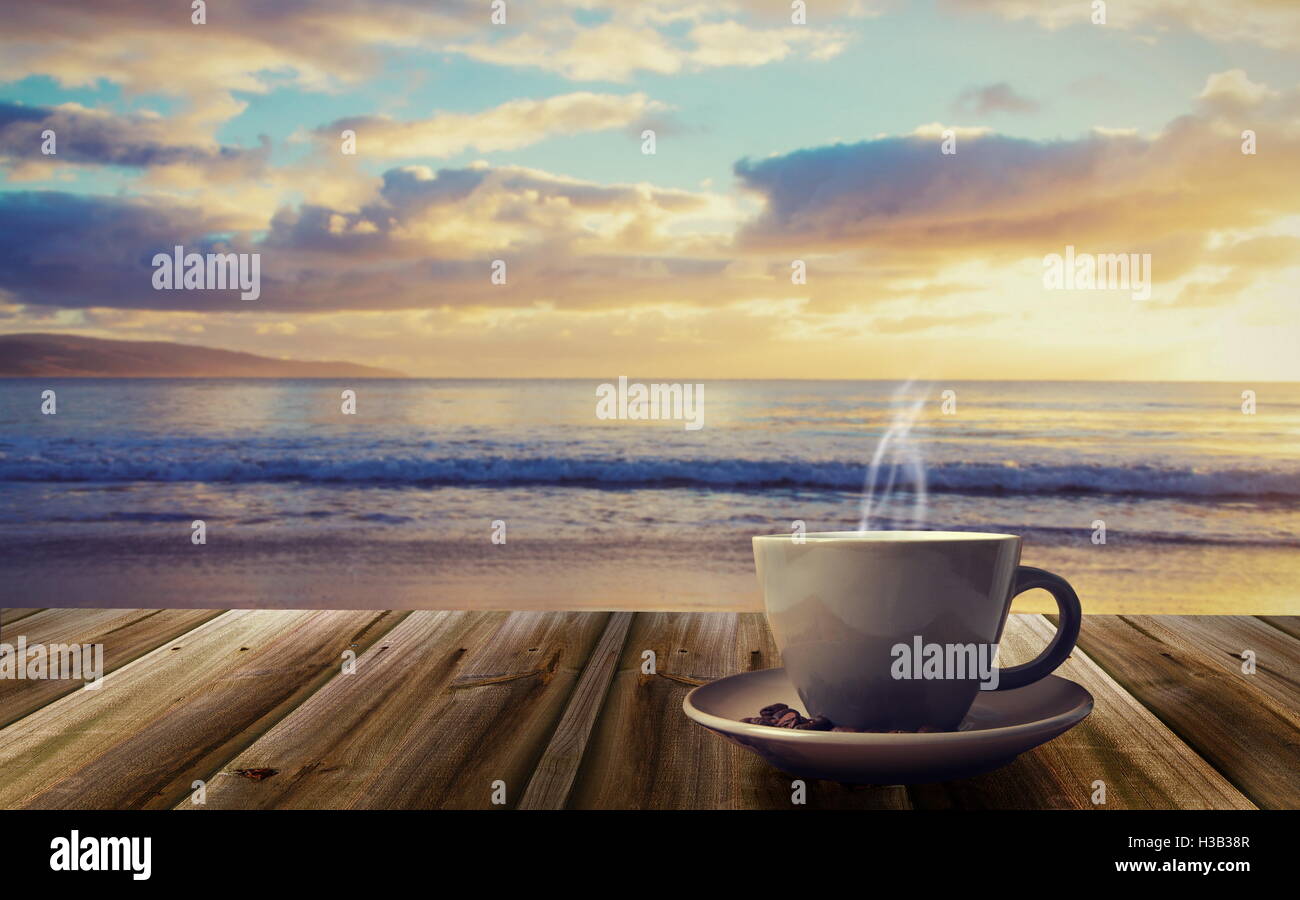 cup of coffe on abstract sea background Stock Photo - Alamy