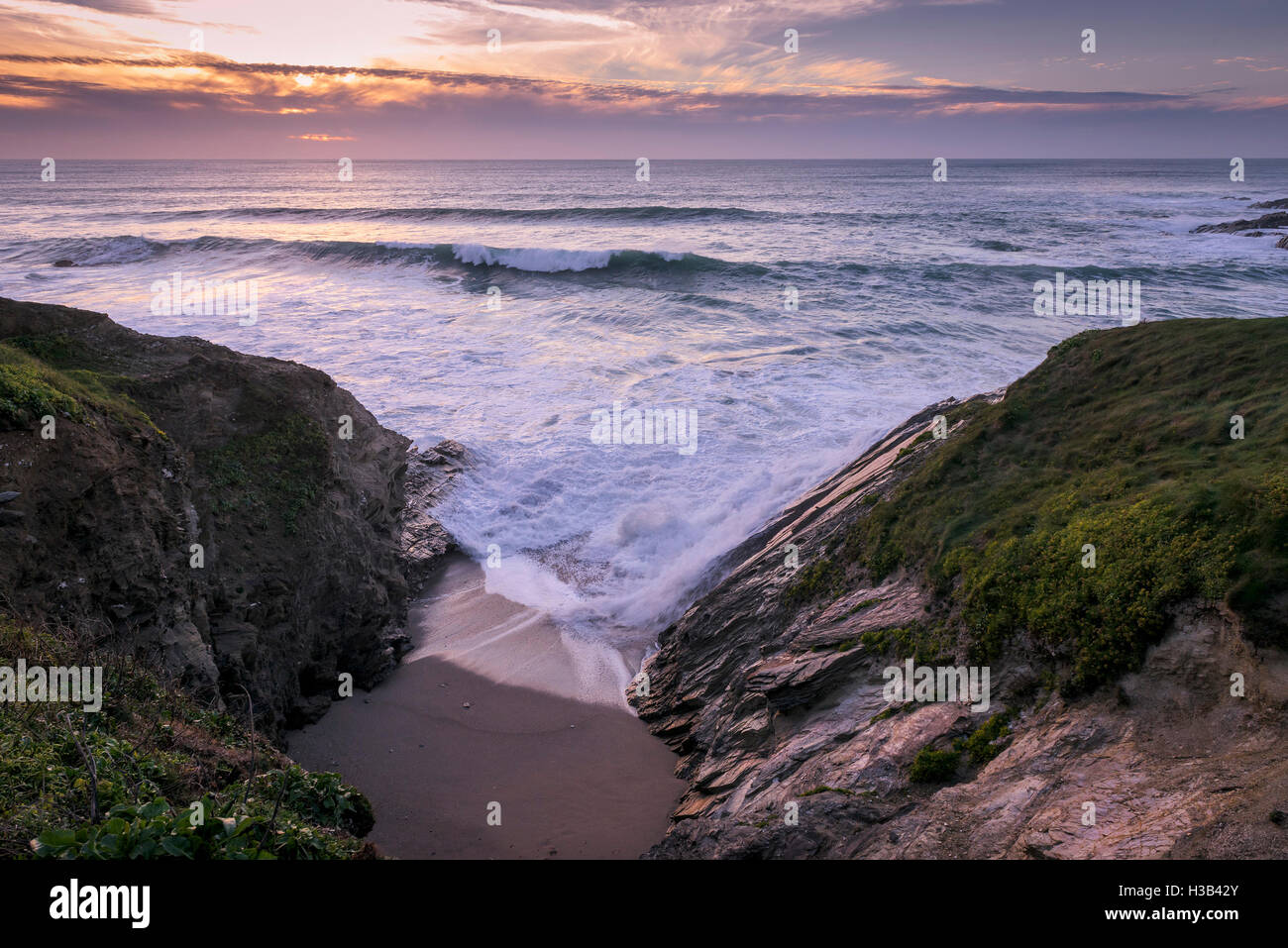 Evening light over Little Fistral in Newquay, Cornwall. Stock Photo