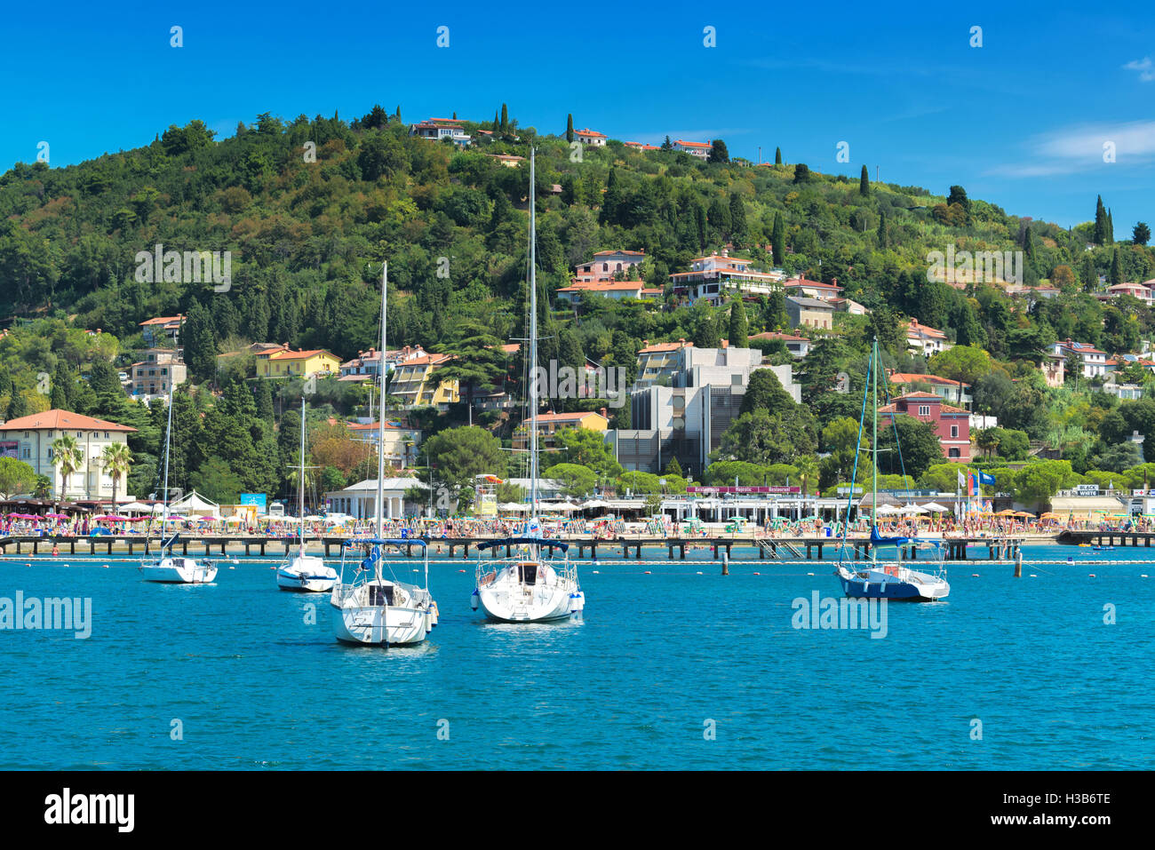 PORTOROZ, SLOVENIA AUGUST 30, 2016 Portoroz town beach and sailing