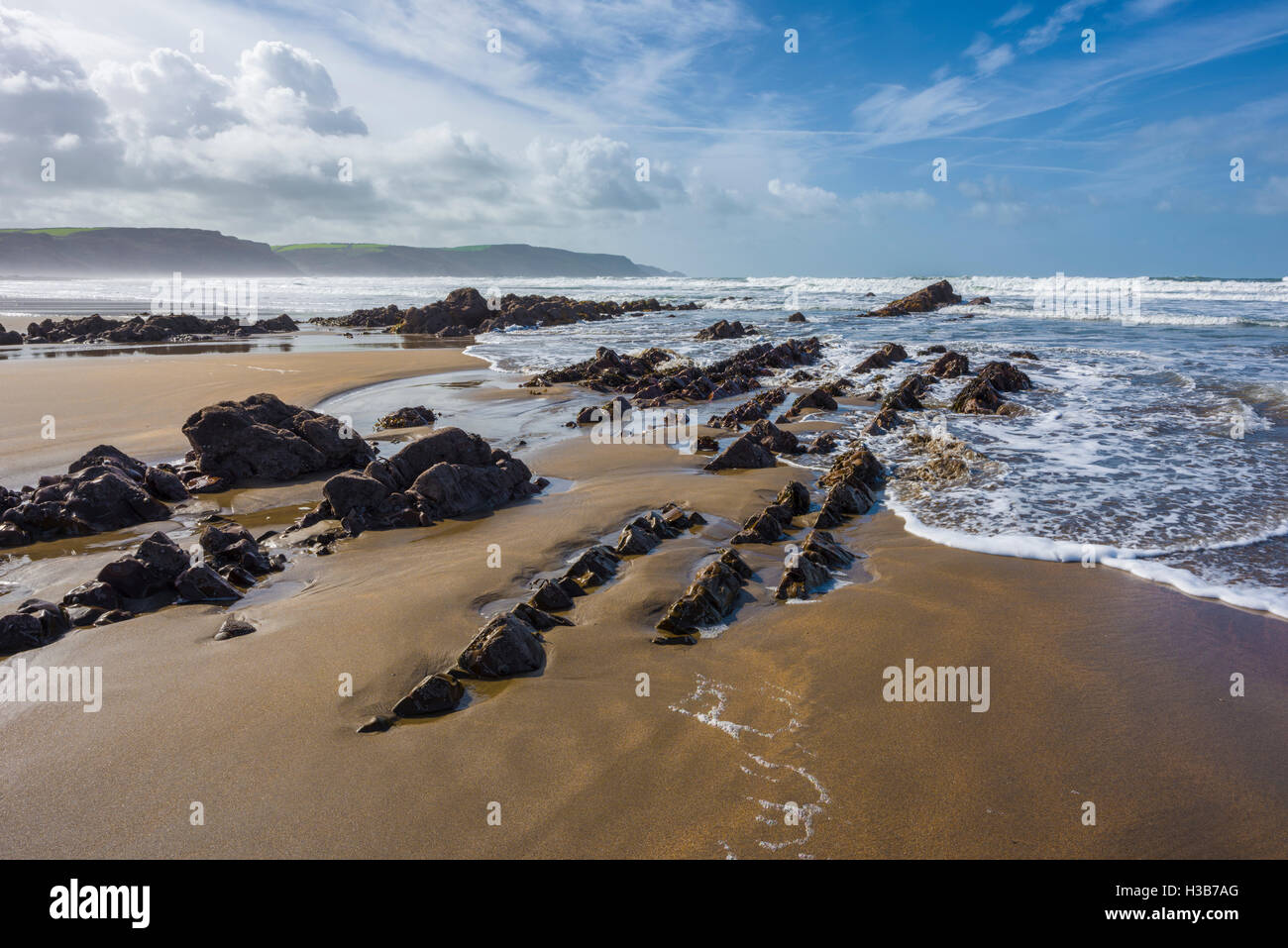 Widemouth Sand on the North Cornwall coast at Widemouth Bay. England. Stock Photo