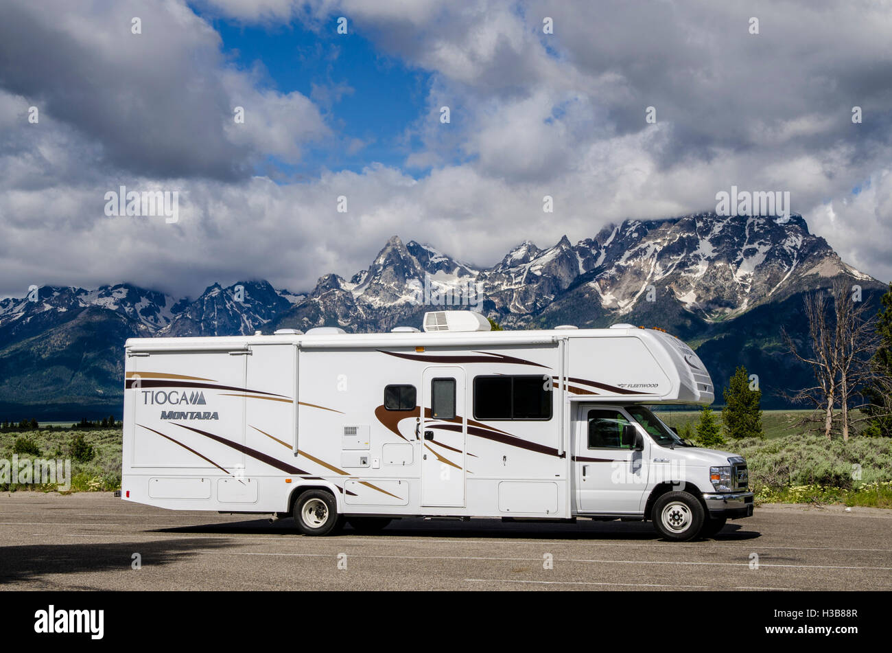 Motorhome camper camping RVing in Grand Teton National Park, Wyoming, USA. Stock Photo