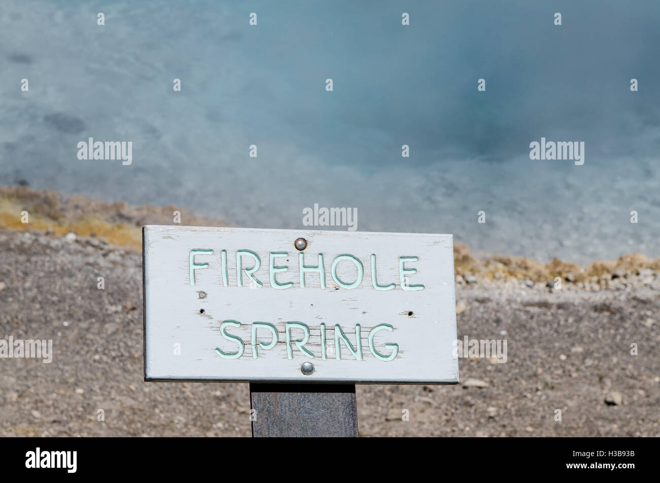 Firehole Lake Spring sign Lower Geyser Basin, Yellowstone National Park, Wyoming, USA. Stock Photo