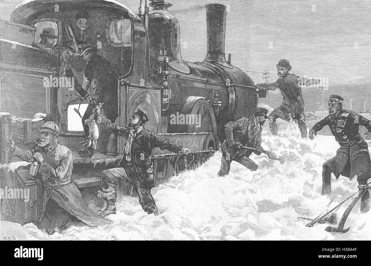 NORTHUMBERLAND Great Snow-Storm Railway Passengers Snowed up Acklington 1886. The Illustrated London News Stock Photo