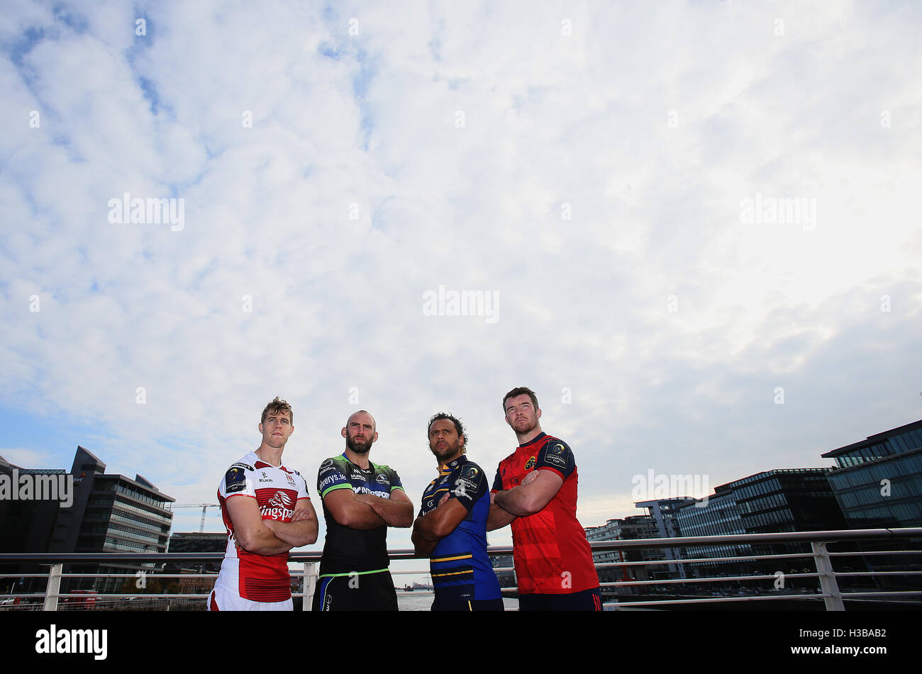 (left-right) Ulster captain Andrew Trimble, Connacht captain John Muldoon, Leinster captain Isa Nacewa and Munster captain Peter O'Mahony and Zebre captain George Biagi during the European Rugby Champions Cup/Challenge Cup tournaments Pro 12 Clubs launch at Dublin Convention Centre, Ireland. Stock Photo
