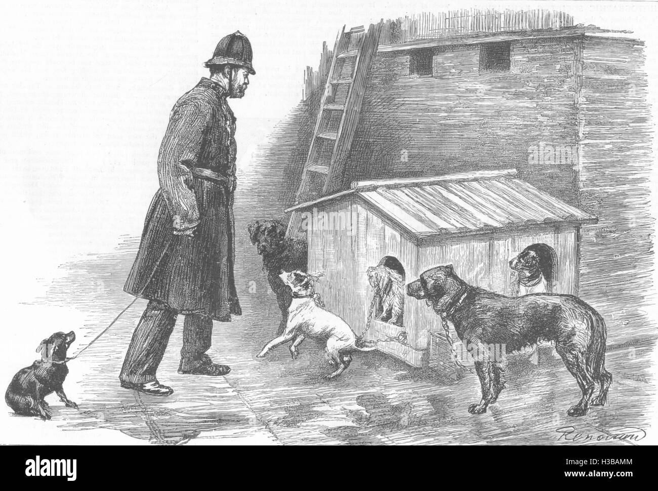 BATTERSEA DOGS HOME Lost & destitute Dogs; Bringing in a new comer 1887. The Illustrated London News Stock Photo