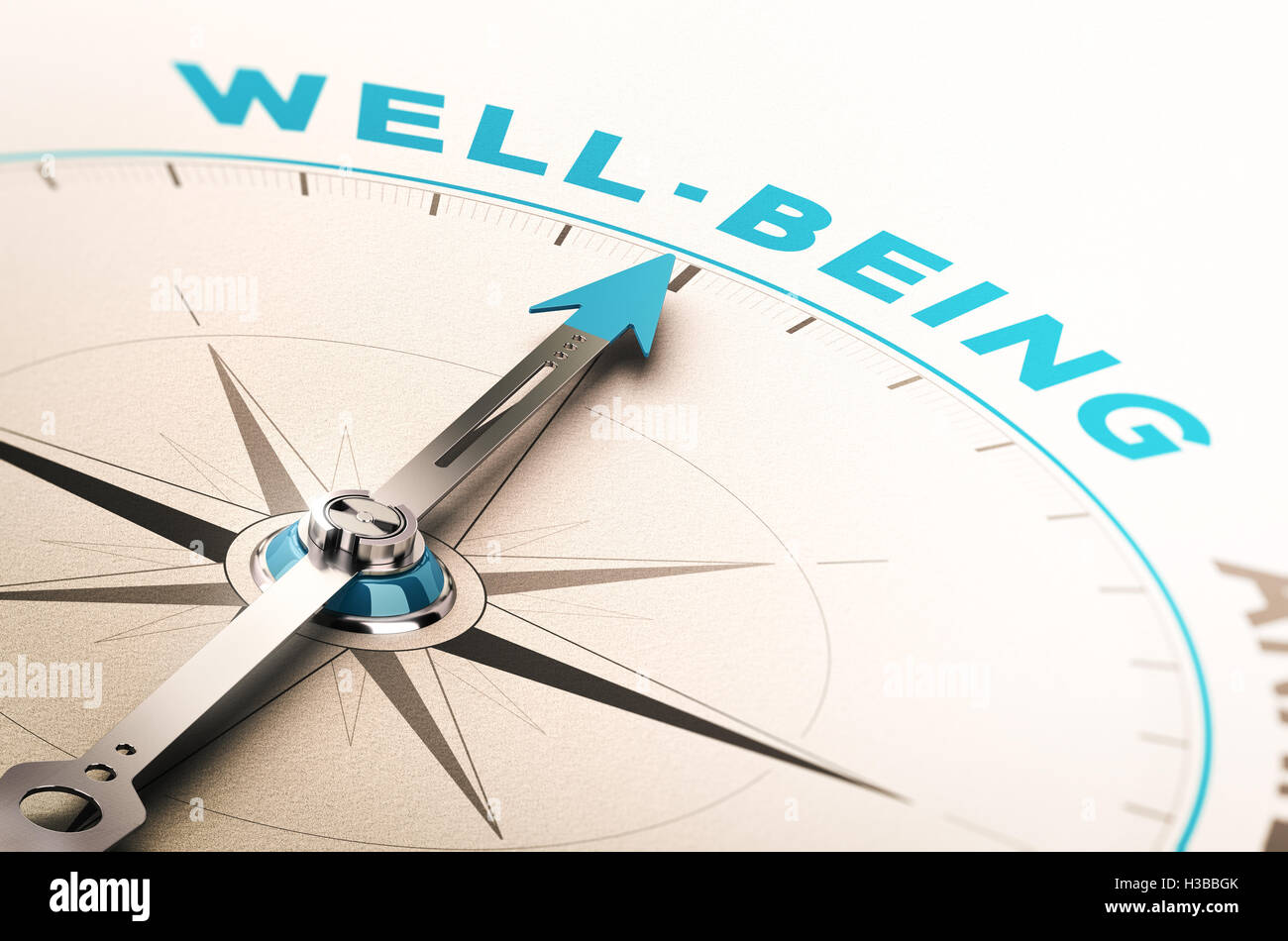 Compass with needle pointing the word wellbeing. 3D illustration with