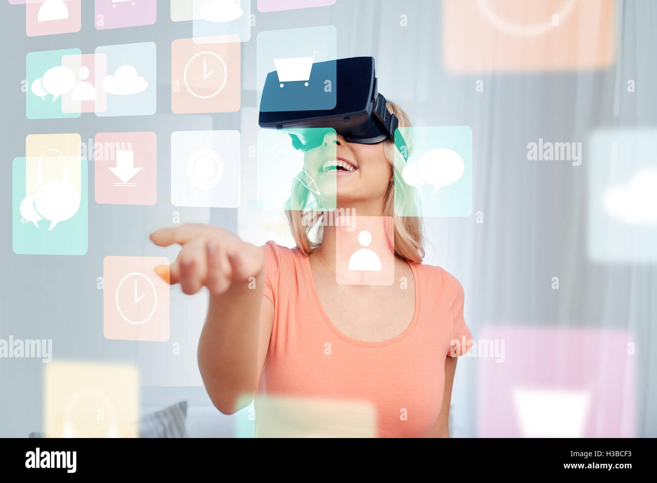 woman in virtual reality headset or 3d glasses Stock Photo Alamy