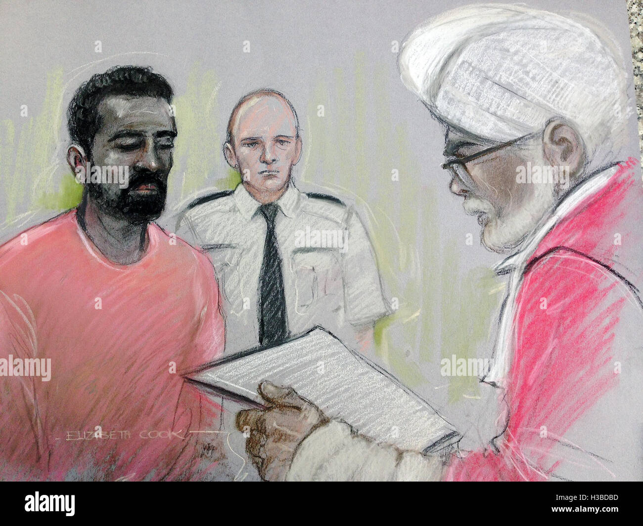 Court artist sketch by Elizabeth Cook of Mr Justice Singh (right) opposite Arthur Simpson-Kent (left) in the dock at the Old Bailey, London, as he has been given a whole life sentence for murdering his partner, former EastEnders actress Sian Blake, and their two young sons, Zachary, eight, and four-year-old Amon. Stock Photo