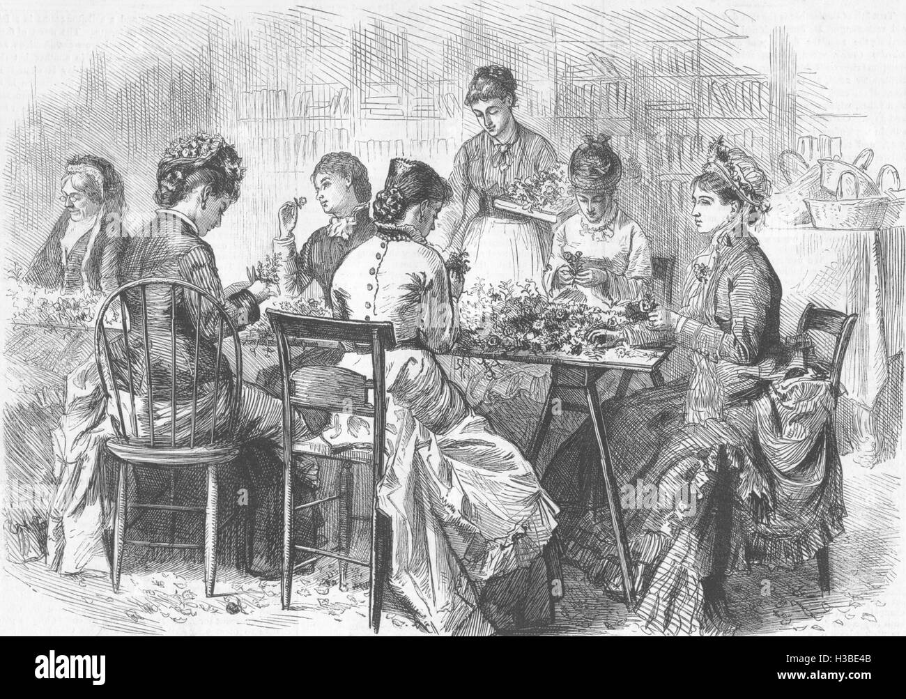 NEW YORK A flower mission in Making up Bouquets for Hospitals & Prisons 1877. The Pictorial World Stock Photo