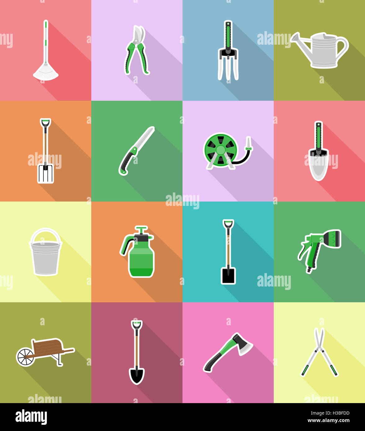 gardening tools flat icons illustration isolated on background Stock ...
