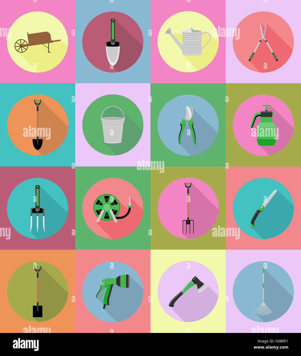 gardening tools flat icons illustration isolated on background Stock ...