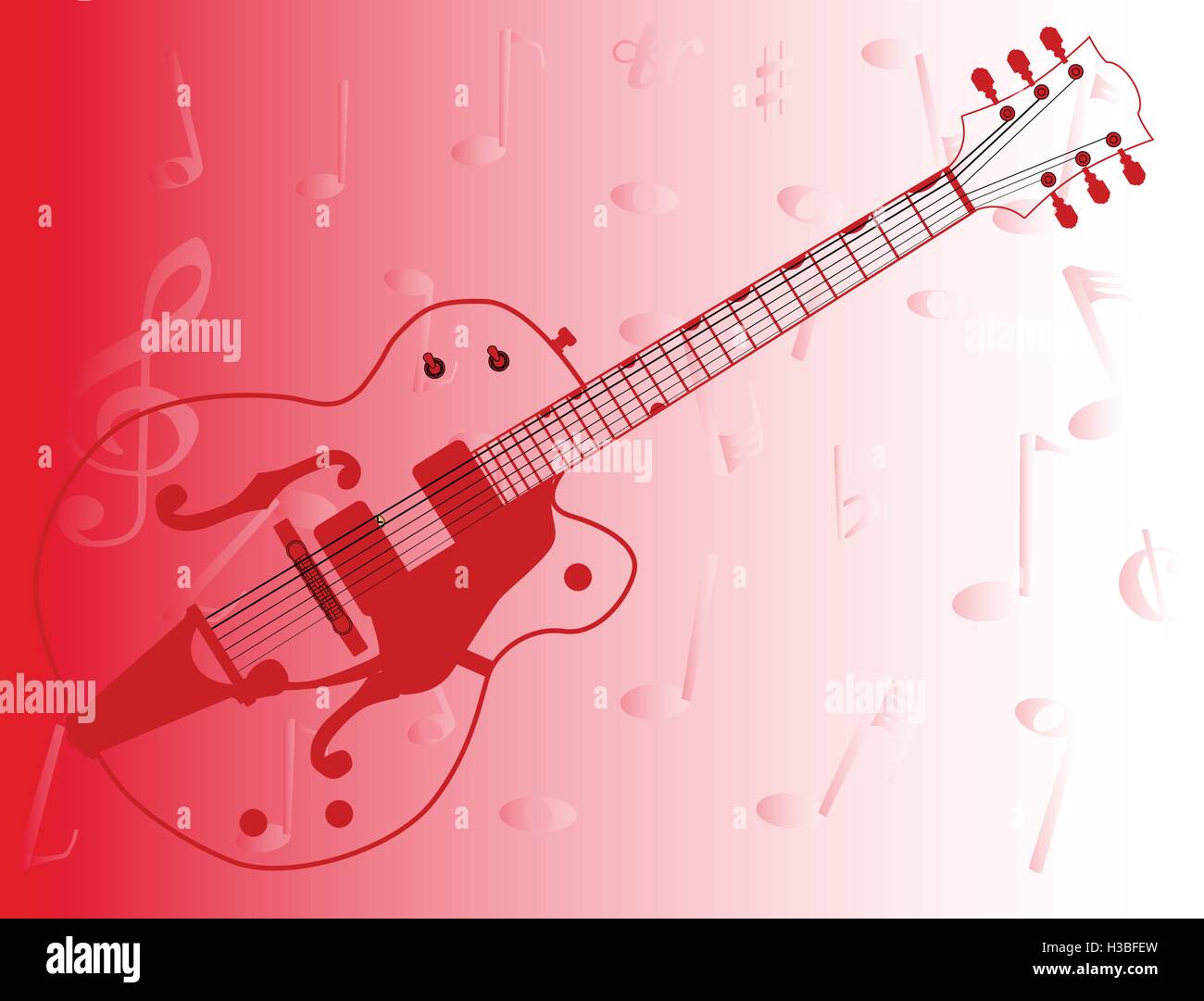 A typical country and western guitar in outline over a musical notes red background Stock Vector