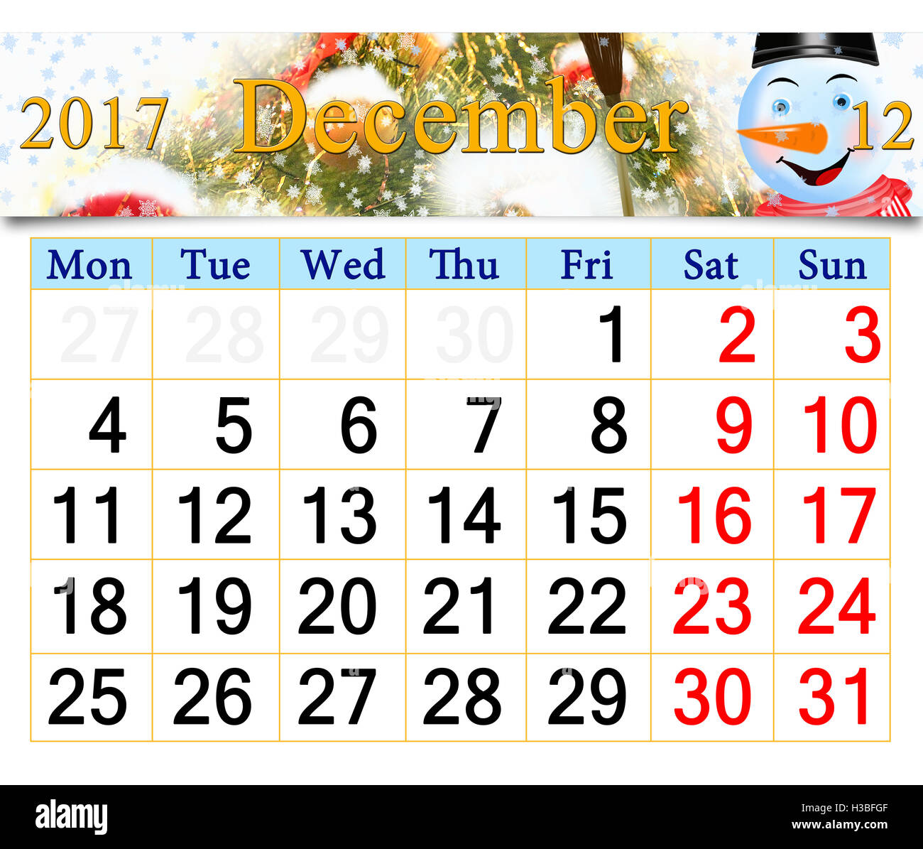 beautiful calendar for December 2017 with horizontal ribbon