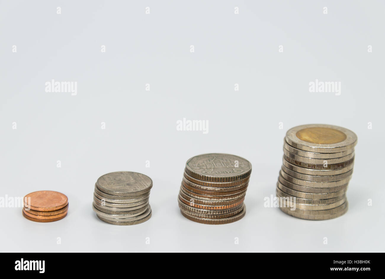 Rows of Thai baht coins for finance and banking concept with white background and selective focus Stock Photo