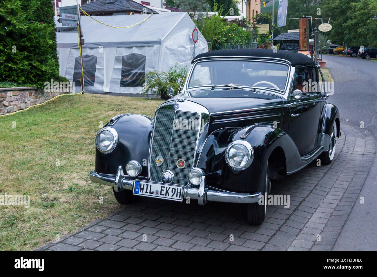Black Mercedes-Benz 220 Cabriolet B, 1951-1955, Wiltingen numberplate, Wolf, Mosel, Rheinland-Pfalz, Germany Stock Photo