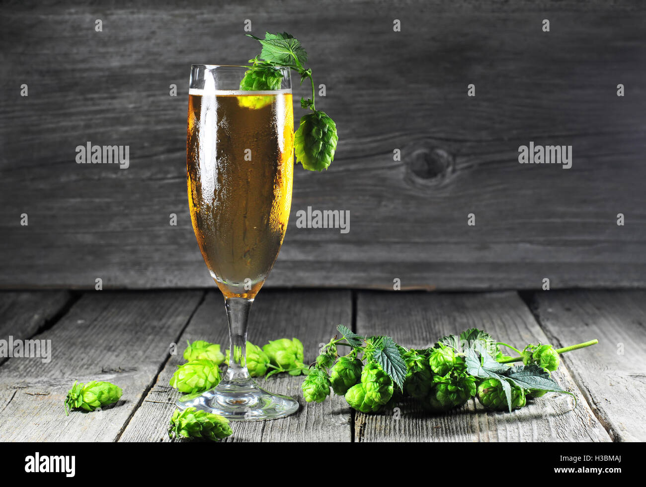 Glass of cold beer and green hops on a wooden table Stock Photo