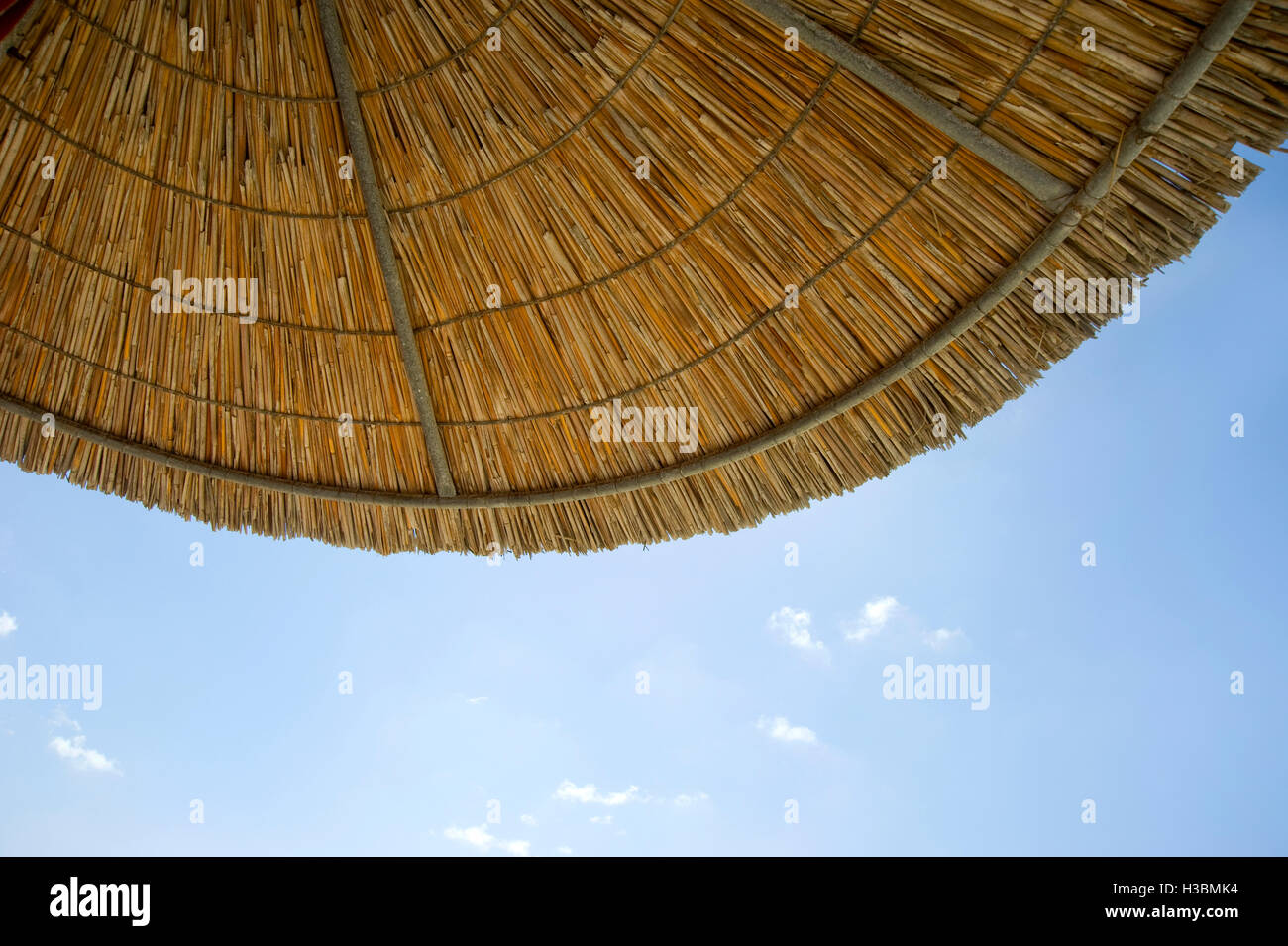 Looking up at beach umbrella and summer sky while on holiday Stock Photo