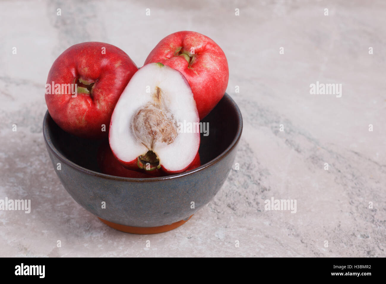 Tropical fruit Acmella oleracea (toothache plant, paracress, electric daisy, jambu) in bowl on marble table. Stock Photo