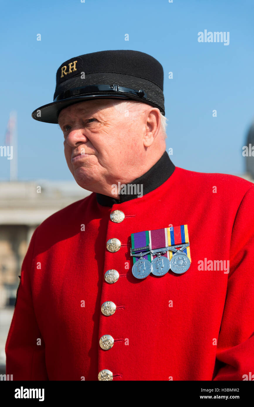 A Chelsea Pensioner, who had served in Malaya, in Trafalgar Square on 15 September 2016. Stock Photo