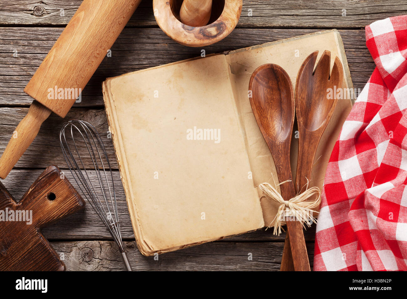 Recipe Cook Blank Book On Wooden Background Spoon Rolling Pin Checkered  Tablecloth Stock Photo - Download Image Now - iStock