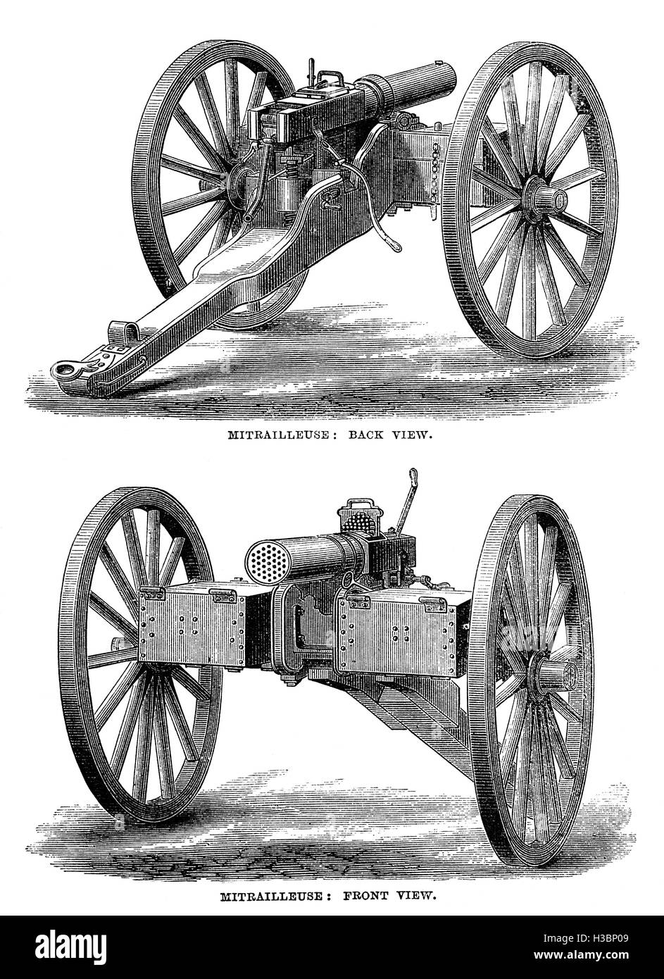 The Montigny mitrailleuse was an early type of crank-operated machine-gun developed by the Belgian gun works of Joseph Montigny between 1859 and 1870. 215  were manufactured for the French Army before the Franco-Prussian War of 1870-71.  When the weapon was engaged at the Battle of Gravelotte in 1871, in an infantry support role and at shorter distances, it produced devastating effects. Stock Photo
