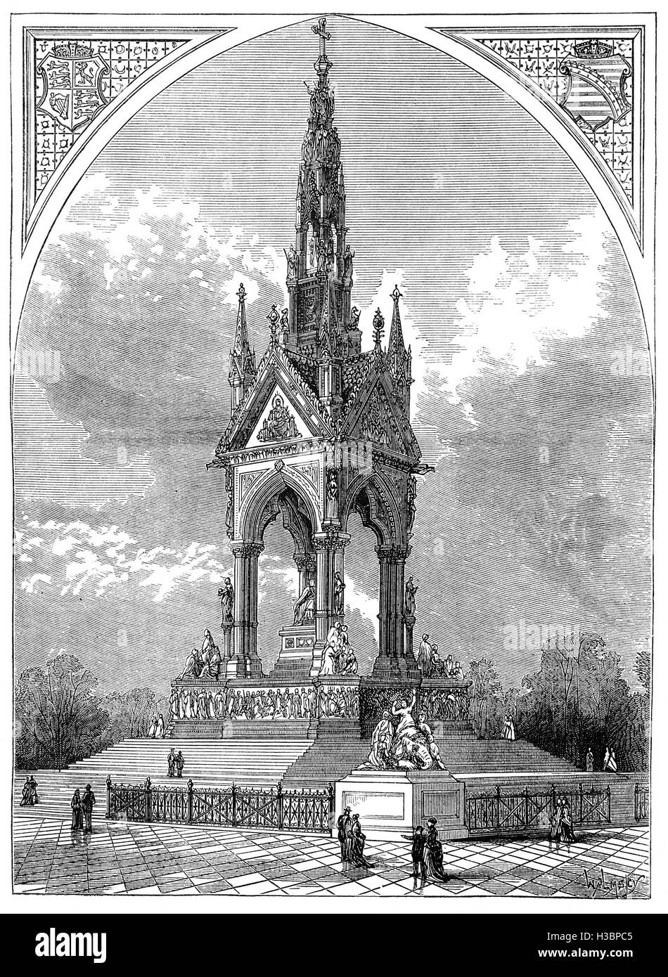 The Albert Memorial is situated in Kensington Gardens, was commissioned by Queen Victoria in memory of her beloved husband, Prince Albert who died of typhoid in 1861. The memorial was designed by Sir George Gilbert Scott in the Gothic Revival style and opened in July 1872 by Queen Victoria in 1875. Stock Photo