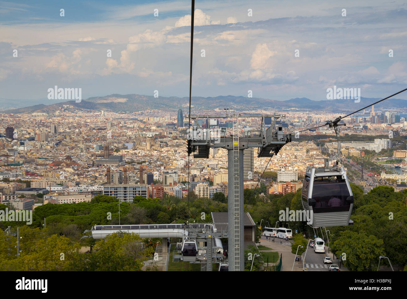 Cable car in the mountian of Montjuic in Barcelona, Spain, with the ...