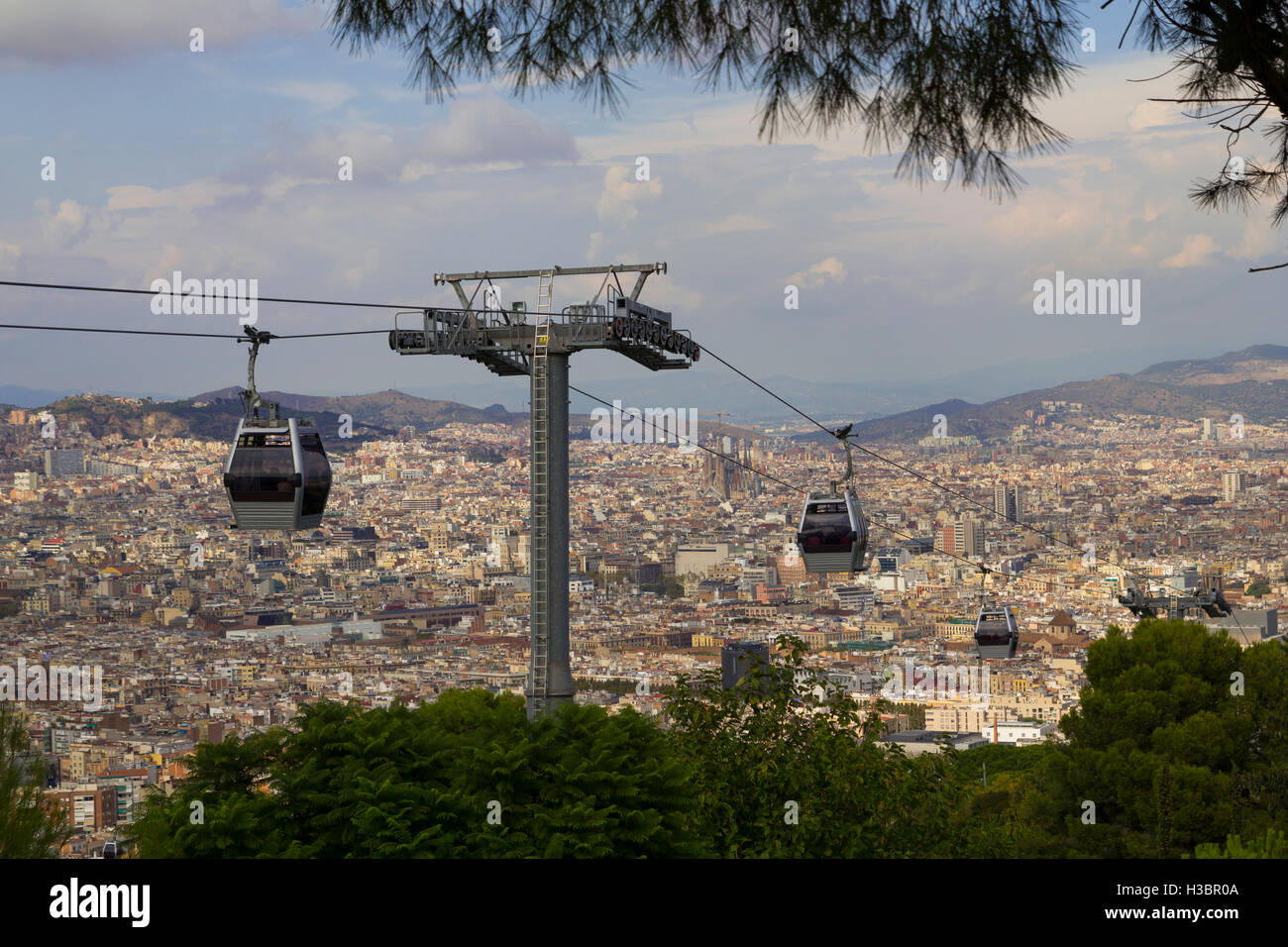 Cable car in the mountian of Montjuic in Barcelona, Spain, with the ...