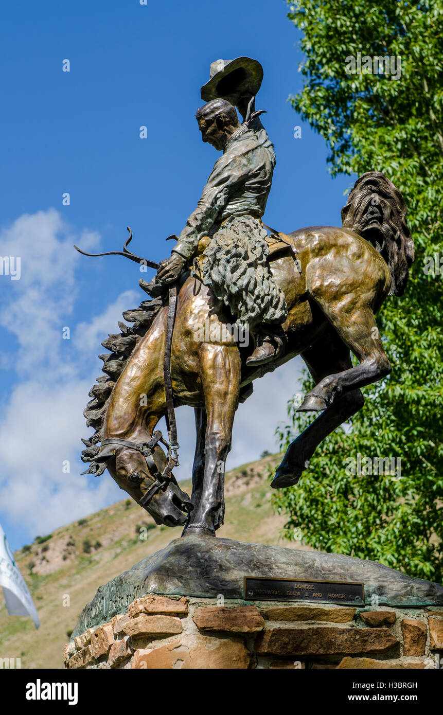 cowboy bud boller statue in city square downtown Jackson Hole, Wyoming, USA. Stock Photo