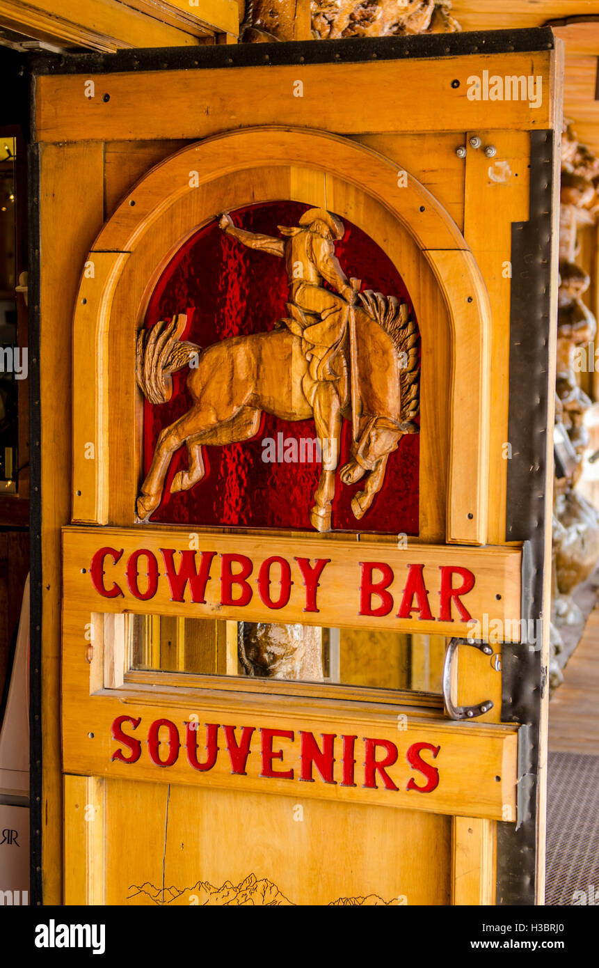 Carved Wooden Door Of Cowboy Bar In Downtown Jackson Hole