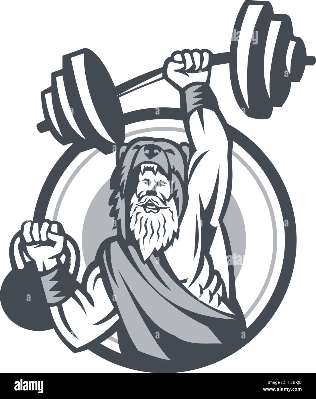 Illustration of a berserker, a champion Norse warrior wearing pelt of bear skin lifting barbell and kettlebell viewed from front set inside circle on isolated background done in retro style. Stock Vector