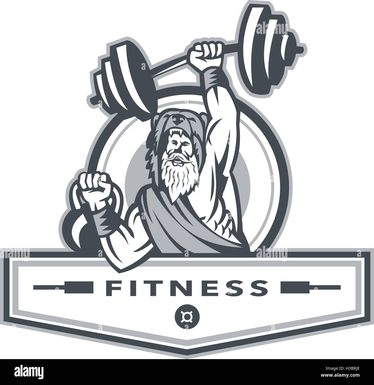 Illustration of a berserker, a champion Norse warrior wearing pelt of bear skin lifting barbell and kettlebell viewed from front set inside circle with the word text Fitness inside banner done in retro style. Stock Vector