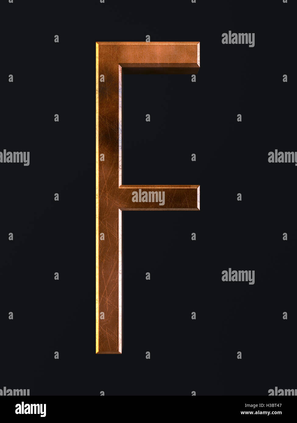 3d render of golden metal dirty rust scratch alphabet letter symbol - F ...