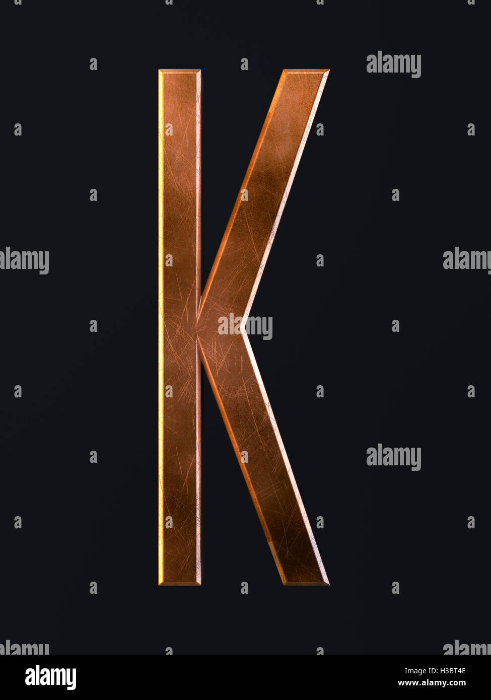 3d render of golden metal dirty rust scratch alphabet letter symbol - K. Alphabet character on the dark background Stock Photo