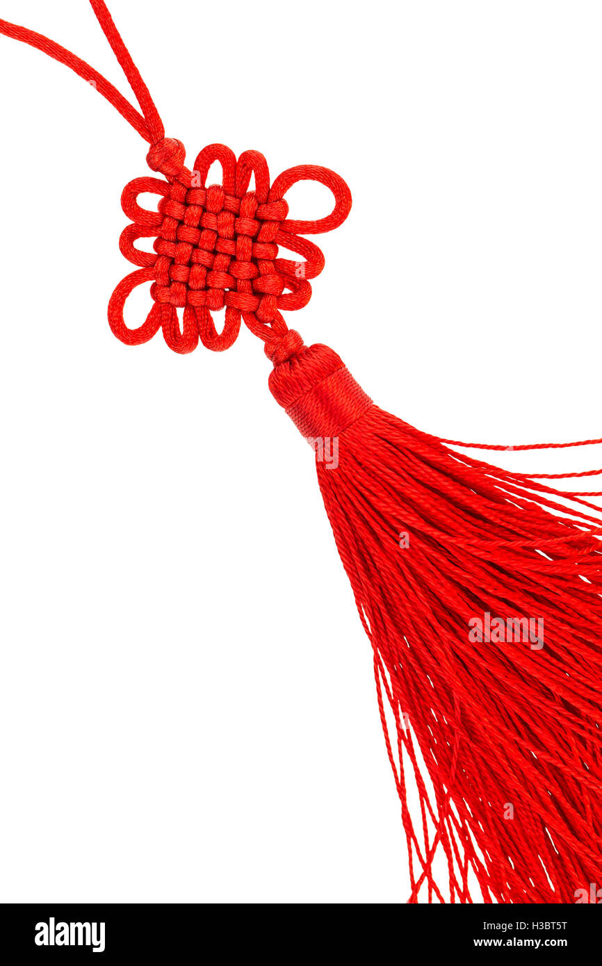 Close up of bright red  Eternal knot tassel isolate on white. Stock Photo