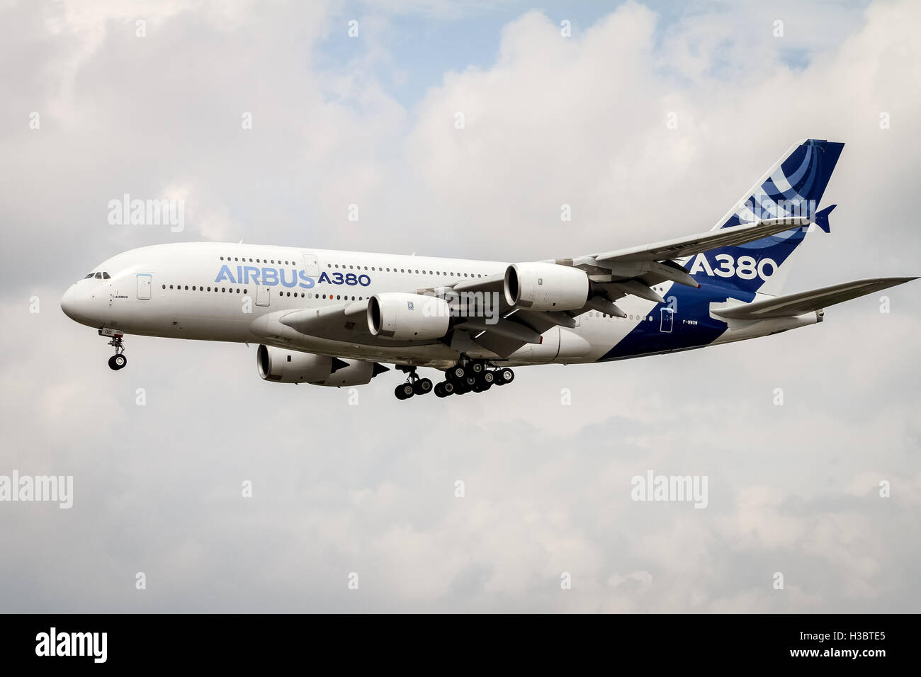 An Airbus A380 four-engine jet airliner performs at the Farnborough Air Show 2014. Stock Photo