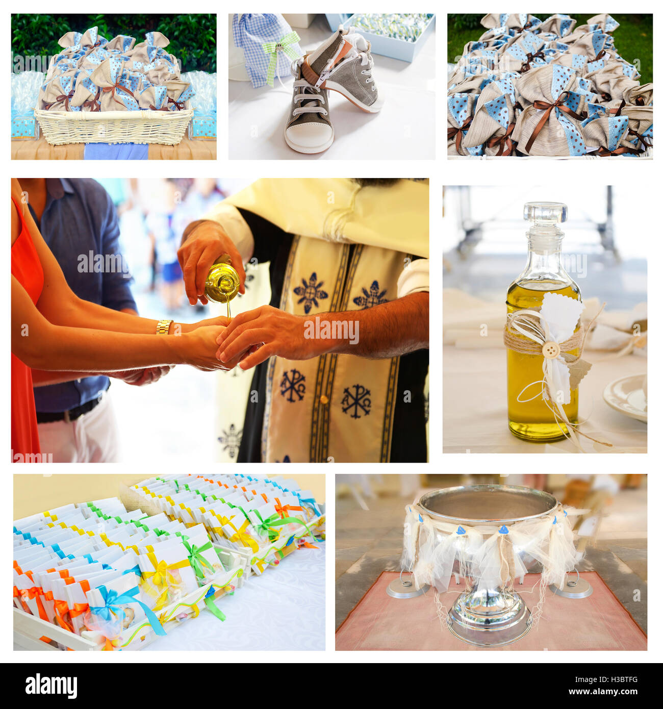 Orthodox christening collage baptism photography collection Stock