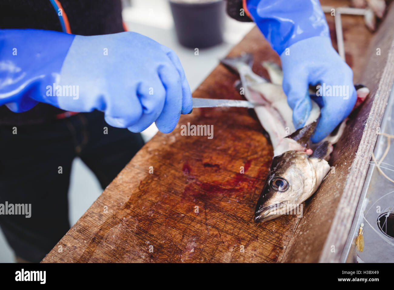 Fisherman filleting fish Stock Photo
