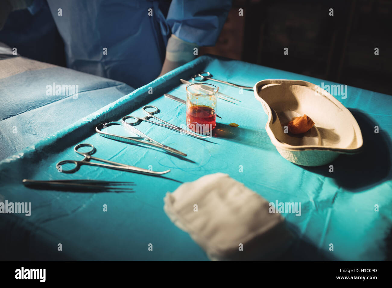 Surgical tools on surgical tray in operation room Stock Photo