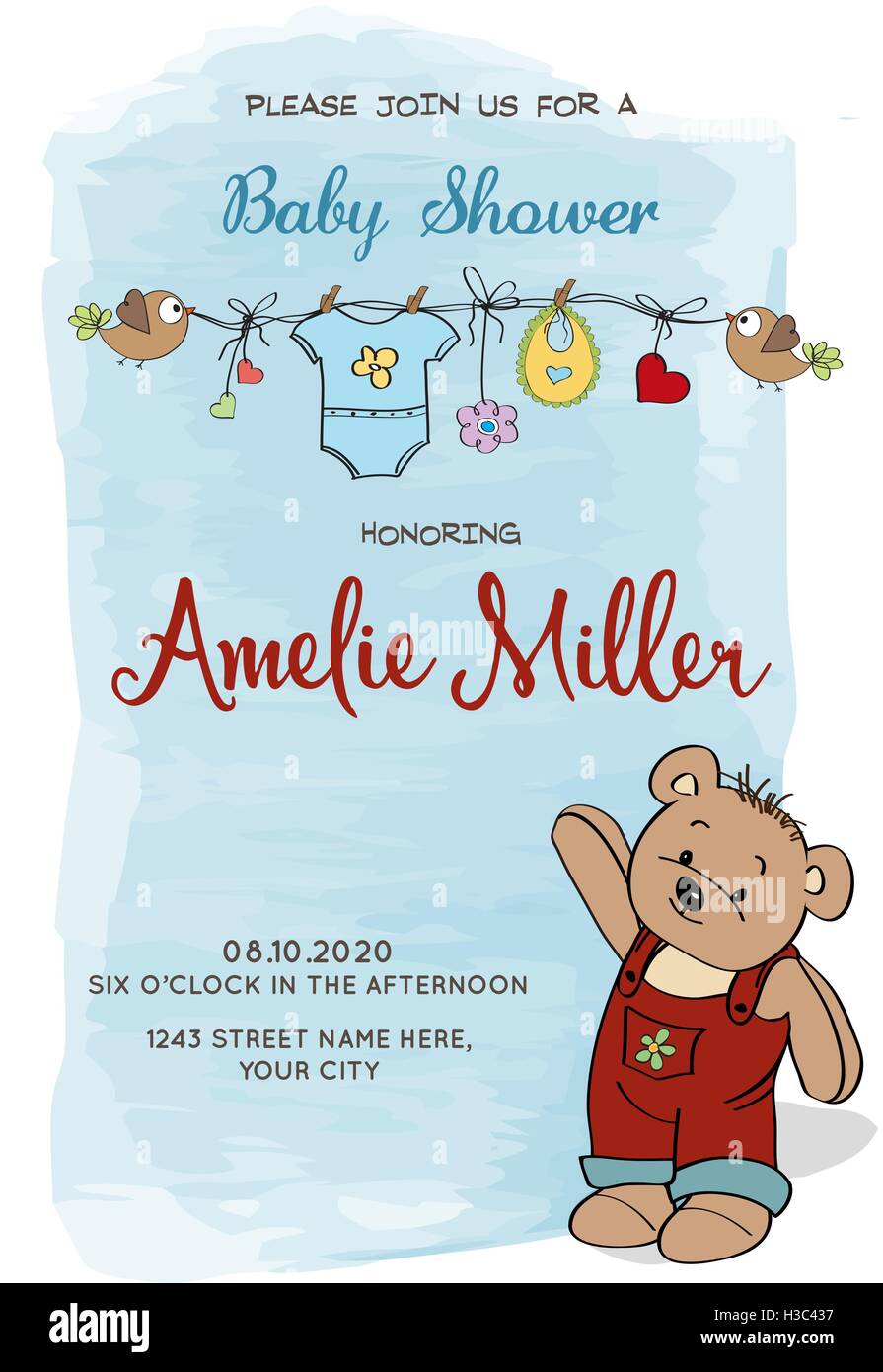 Lovely baby shower card with teddy bear, vector format Stock Vector