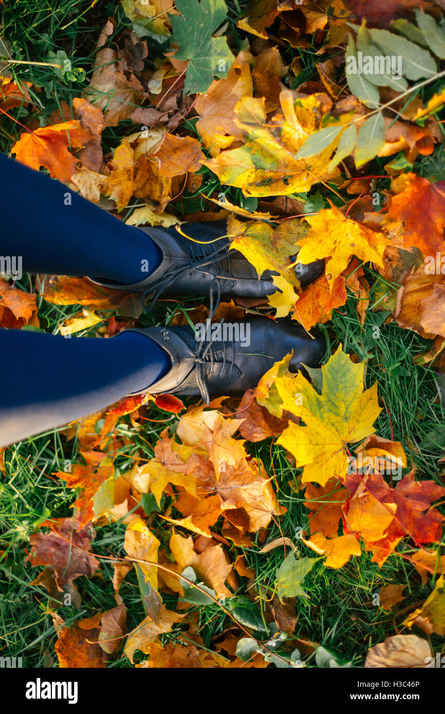 Female legs in leather boots and tights standing on ground with autumn leaves, top view, unusual perspective Stock Photo