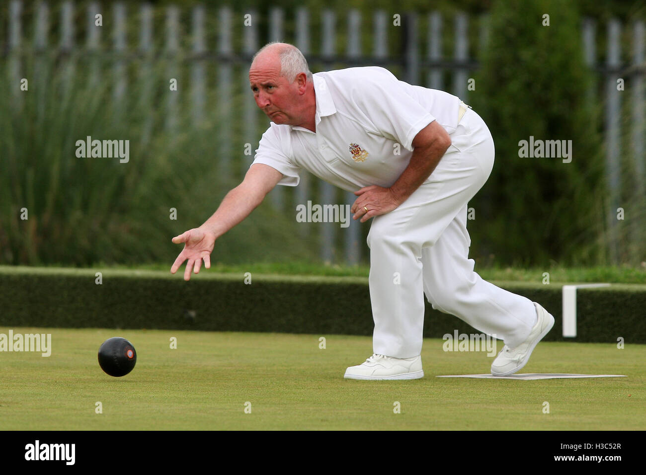 T Brown, B Payne, C Martin, B Sutton (Kings Chase BC, blue shirts) vs R Cue, M Rigby, T Able, T Bridge (Haynes Park BC) - Rink Mailer Cup - Romford & District Bowls Association Finals Day at Harold Hill Bowls Club, Broxhill Centre - 05/09/10 Stock Photo