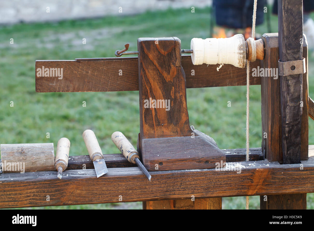 Historic Wood Turning Machine , medieval historical hand tools Stock