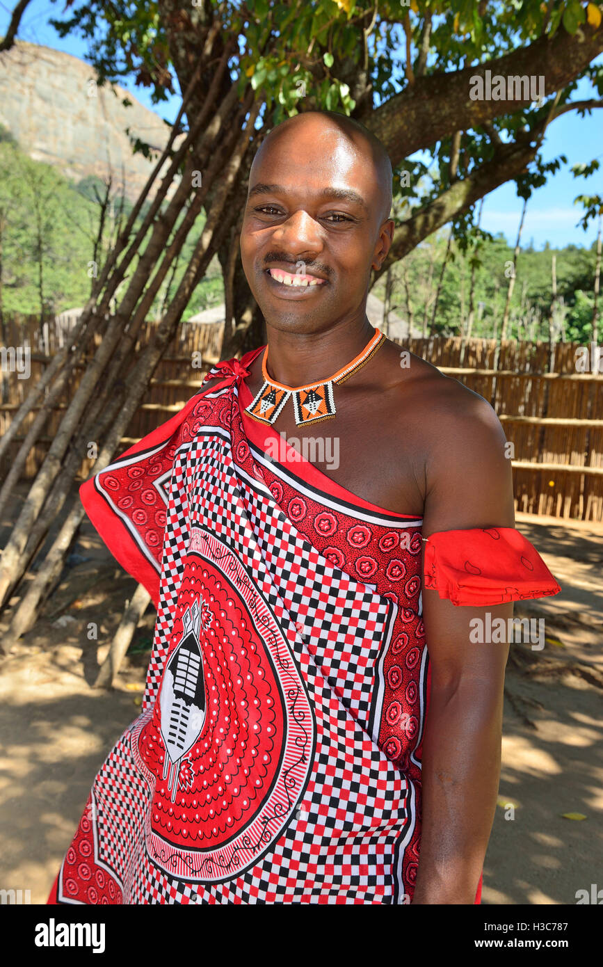 Swazi male guide in traditional dress in the  Mantenga Swazi Cultural Village,  Ezulwini Valley,Eswatini formerly known as Swaziland, Southern Africa Stock Photo