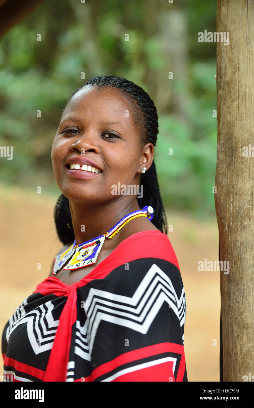 Swazi girl in traditional clothes strikes the pose at Mantenga Swazi Cultural Village,  Ezulwini Valley , Swaziland, Southern Africa Stock Photo