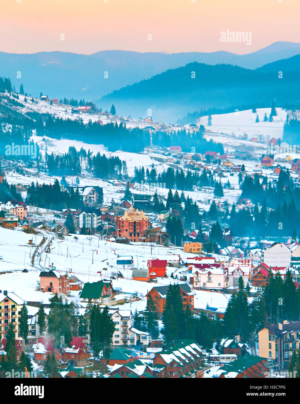 Carpathians mountain village in the winter at sunset. Ukraine Stock ...