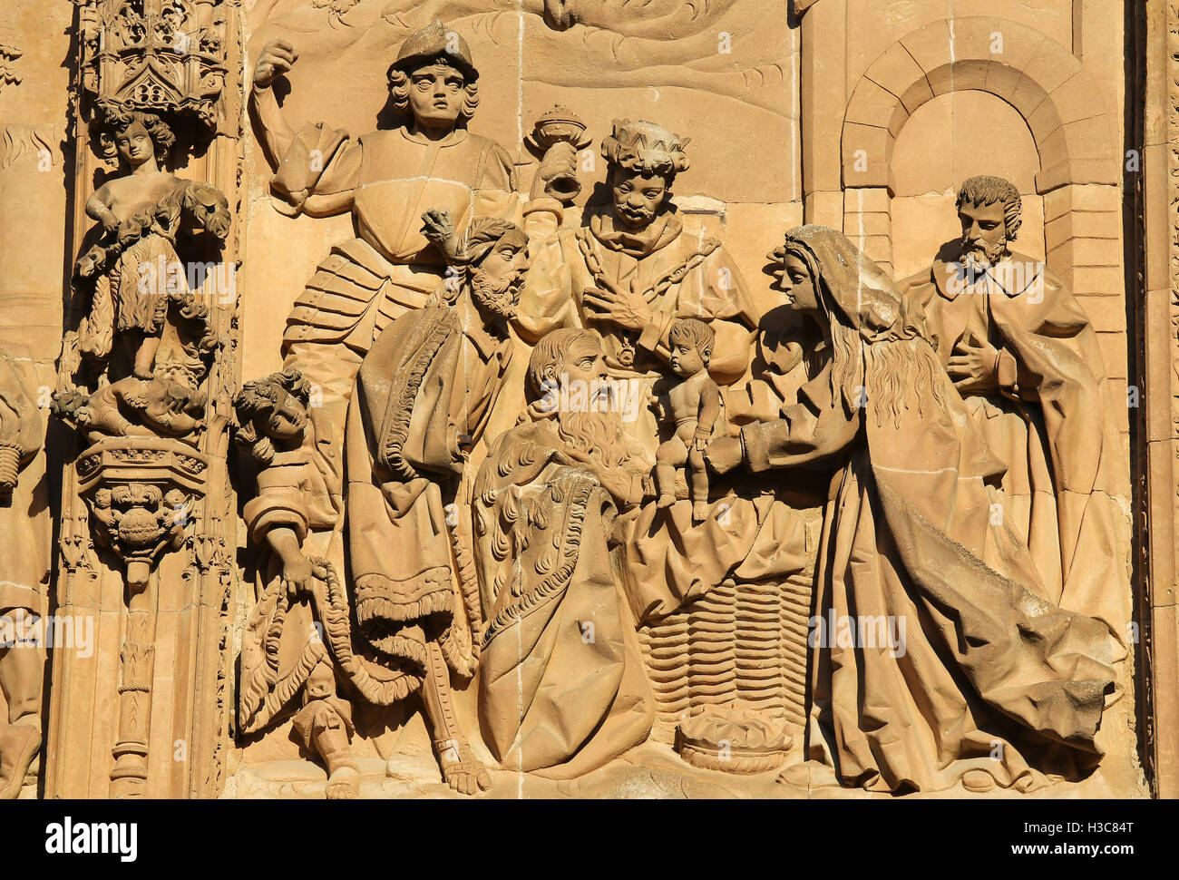 Carving of the Adoration by the Three Kings at the facade of the New Cathedral of Salamanca, Spain Stock Photo