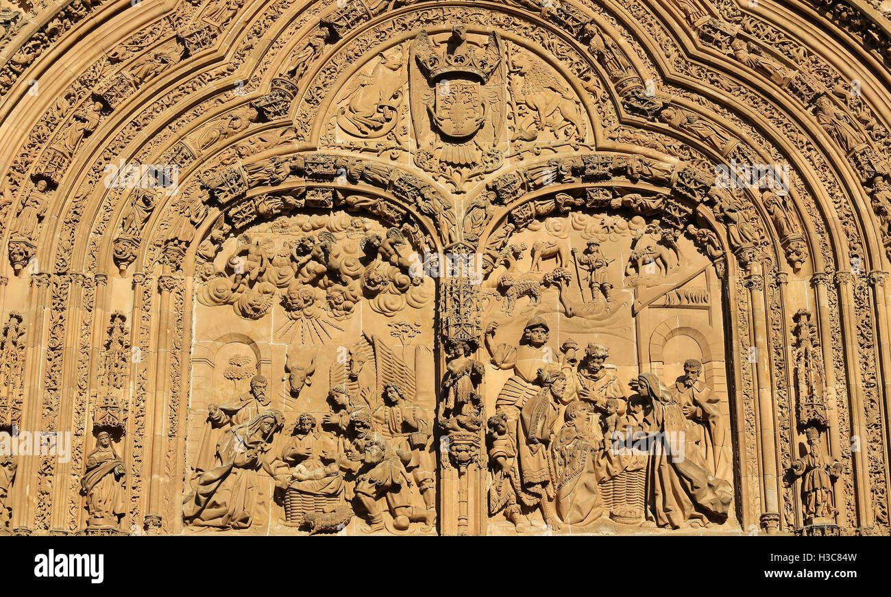Carving of the Adoration by the Three Kings and a Nativity Scene at the facade of the New Cathedral of Salamanca, Spain Stock Photo
