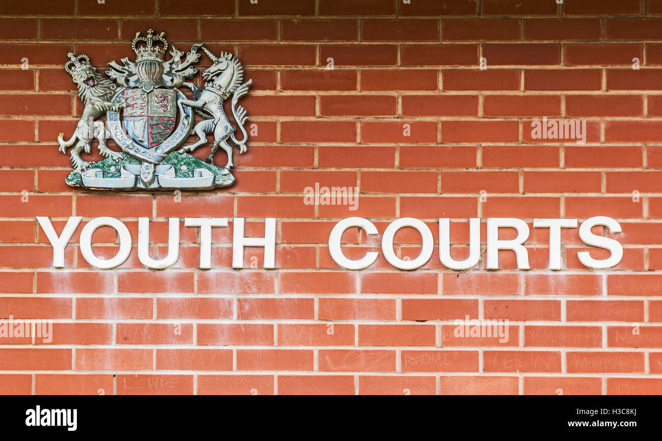 Youth courts sign and logo at North Shields magistrates courts, North ...