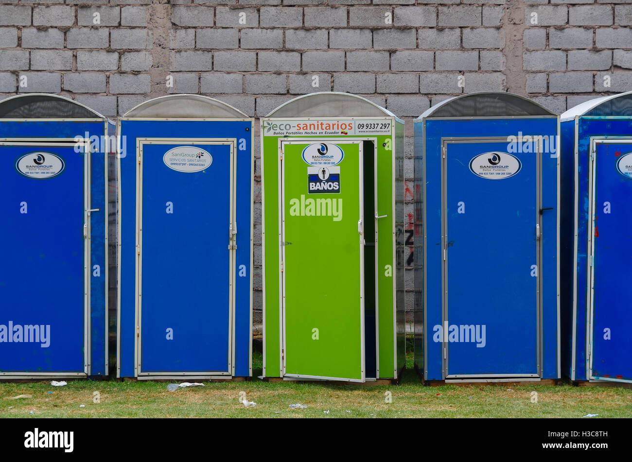 QUITO, ECUADOR - JULY 7, 2015: Eco portable toiletes in blue and green color, public events needs Stock Photo